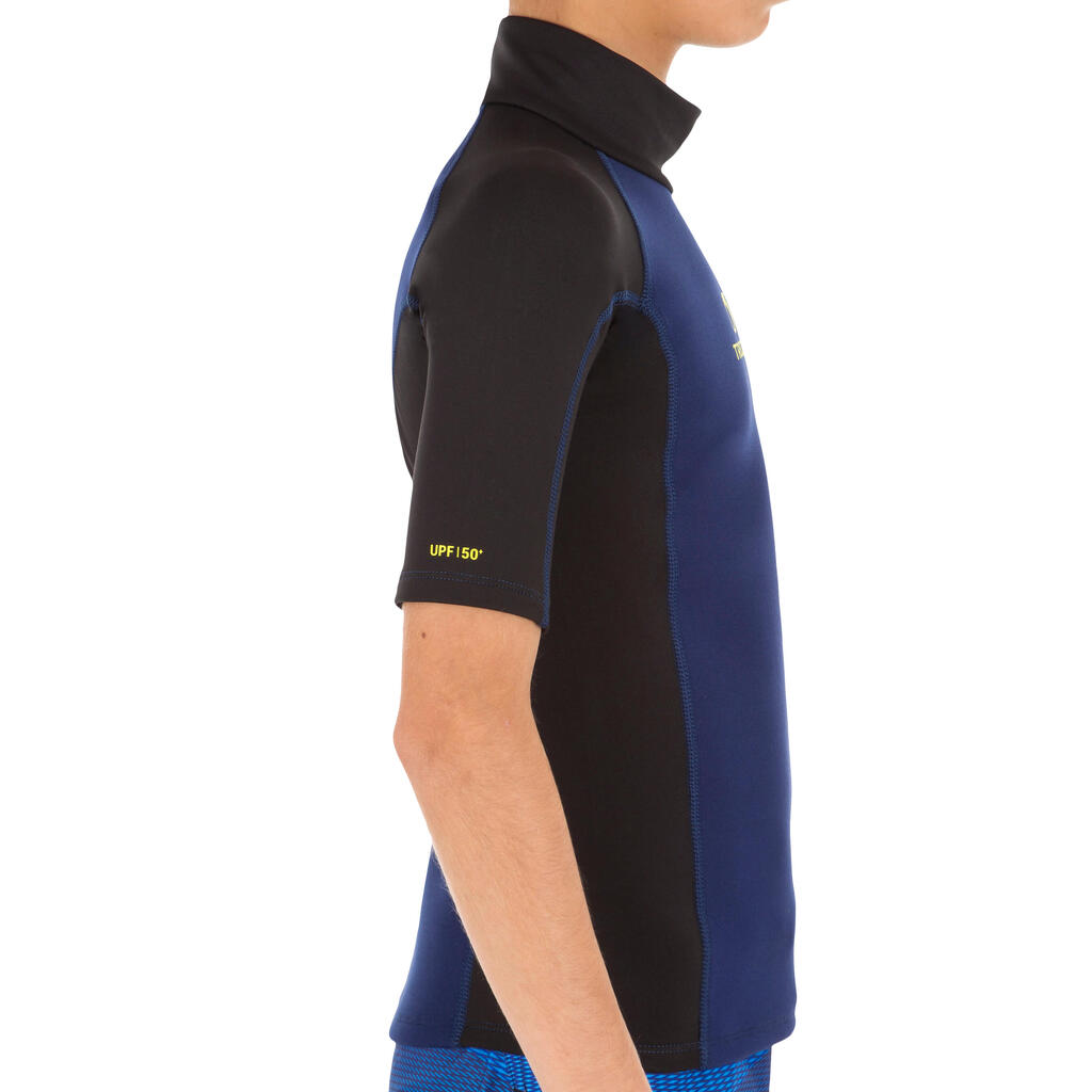 Detské tričko Top s neoprénom proti UV s krátkym rukávom na surf modro-čierne