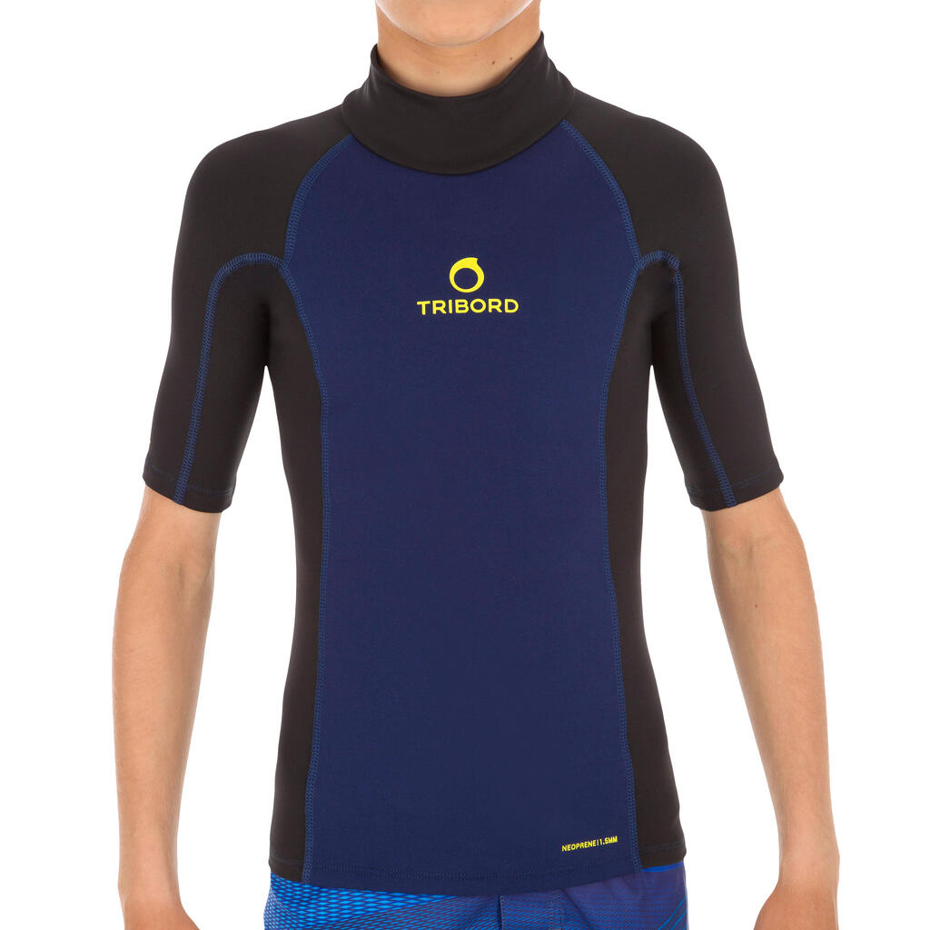 Detské tričko Top s neoprénom proti UV s krátkym rukávom na surf modro-čierne