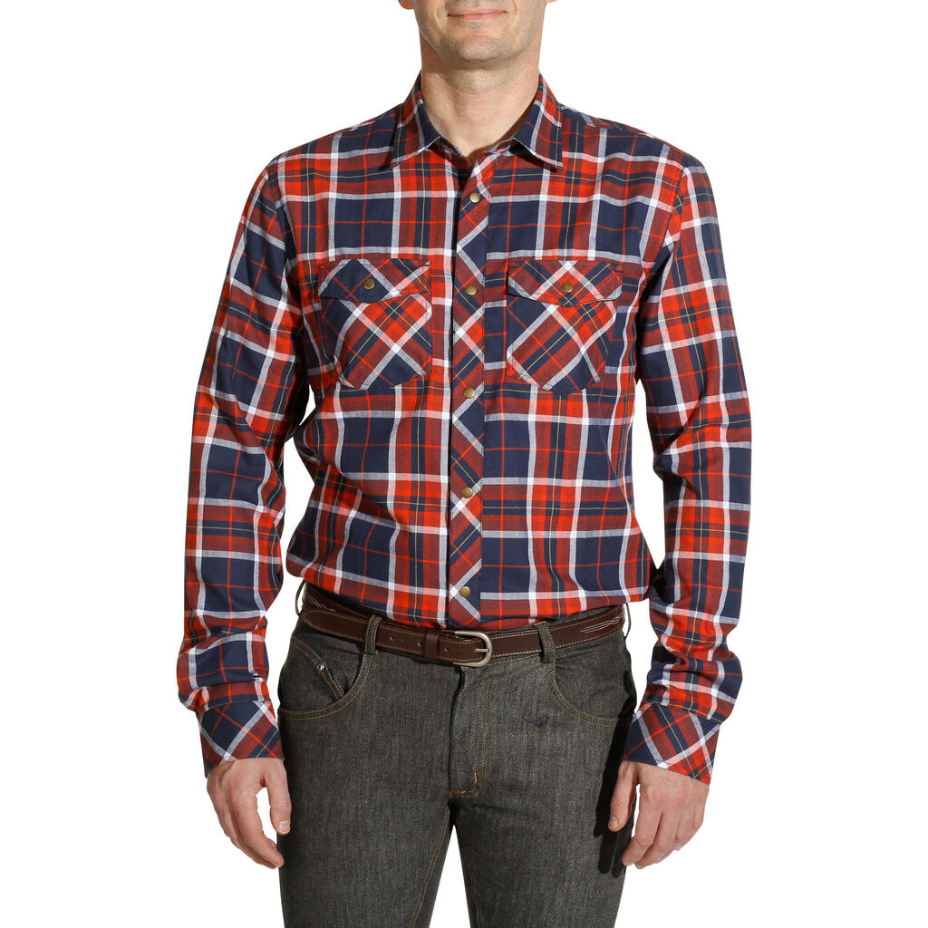 Мъжка риза за езда SENTIER, с дълги ръкави, на тъмносини и червени карета
