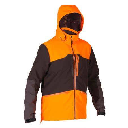Rjava in fluorescentna lovska softshell jakna 500