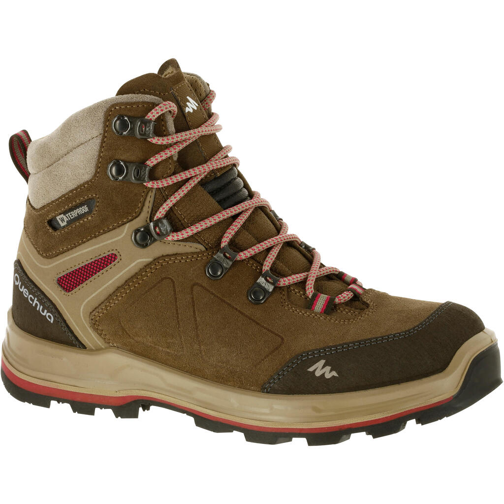 WOMEN'S WATERPROOF LEATHER HIGH TREKKING BOOTS - MT100 - BEIGE