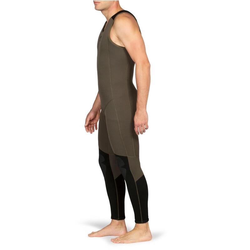 Wetsuit voor harpoenvissen voor heren long john neopreen 7 mm SPF 500 kaki