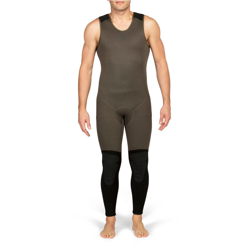 Wetsuit voor harpoenvissen voor heren long john neopreen 7 mm SPF 500 kaki