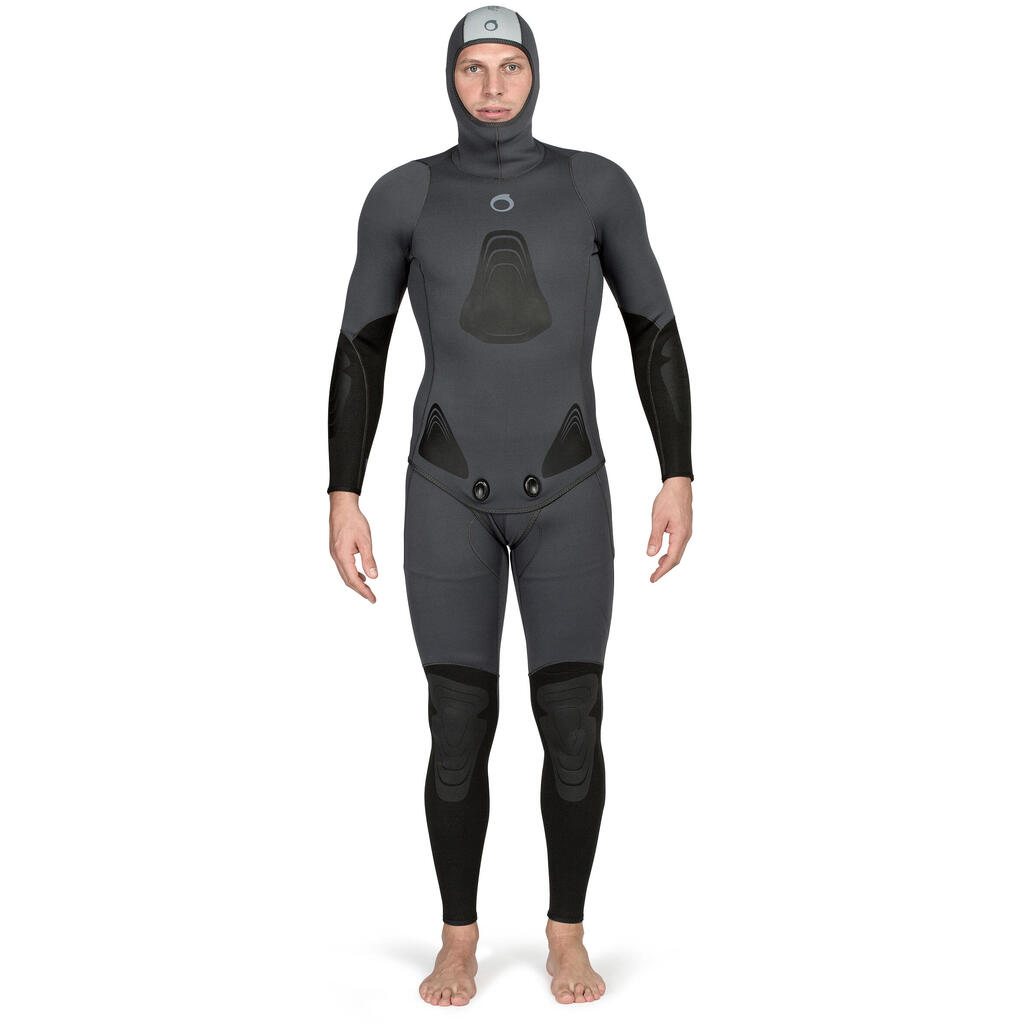 Plīša-neoprēna zemūdens medību hidrotērpa jaka “SPF 100”, 3 mm, pelēka, zila