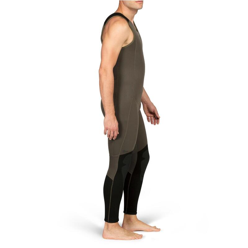 Wetsuit voor harpoenvissen voor heren long john neopreen 7 mm SPF 500 kaki