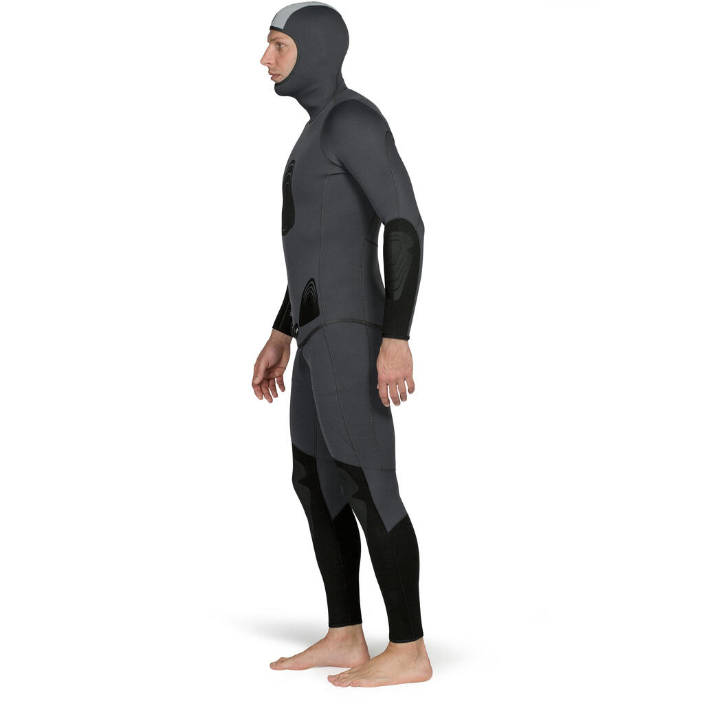 Plīša-neoprēna zemūdens medību hidrotērpa jaka “SPF 100”, 3 mm, pelēka, zila