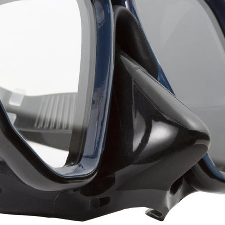 Nardymo kaukė SCD 500 – dvigubas stiklas, juodas apvadas ir mėlynas dirželis