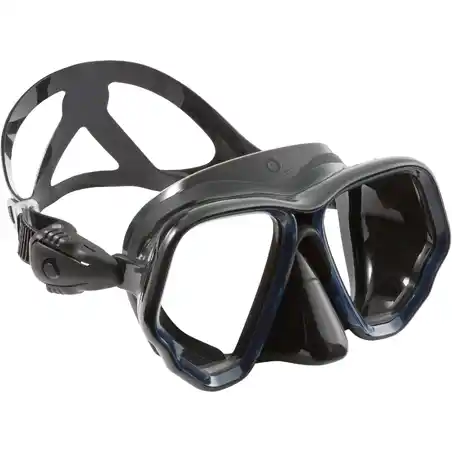 Kacamata selam SCD 500 dobel lensa, skirt hitam, dan tali pengikat biru
