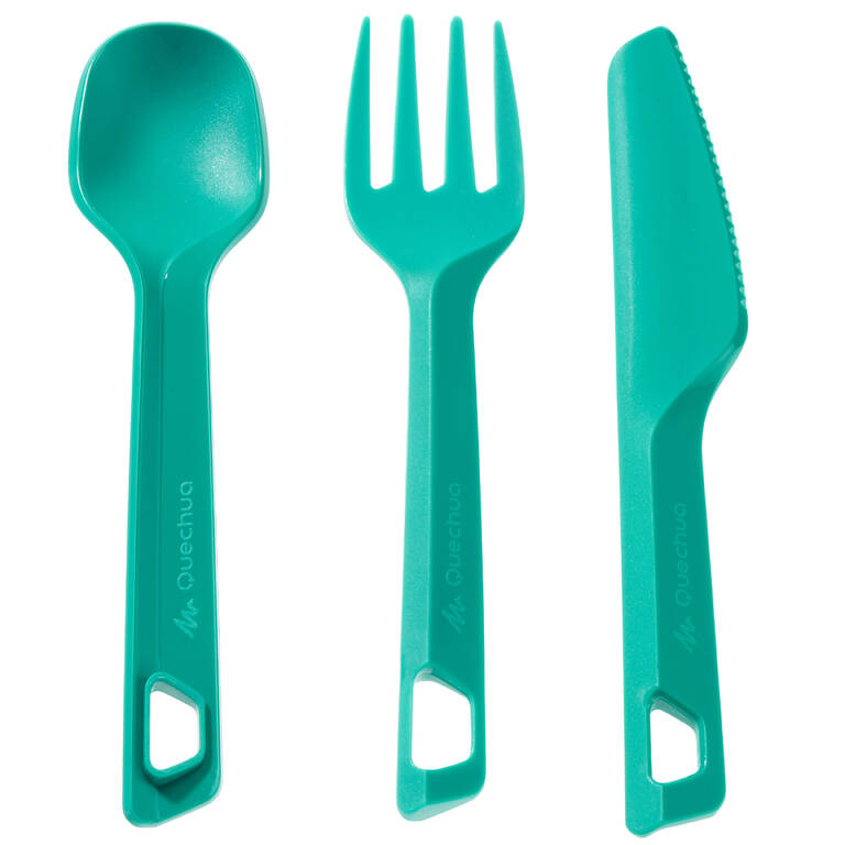 Plastic knife, fork and spoon set for the hiker's camp - green