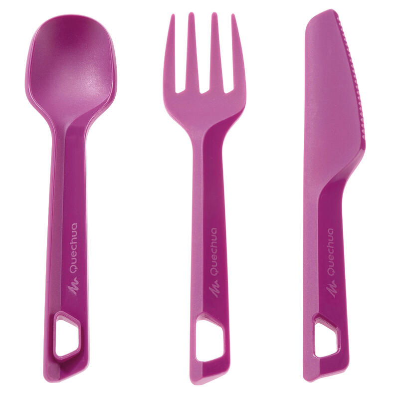 Set 3 couverts (couteau, fourchette, cuillère) camp randonneur plastique violet