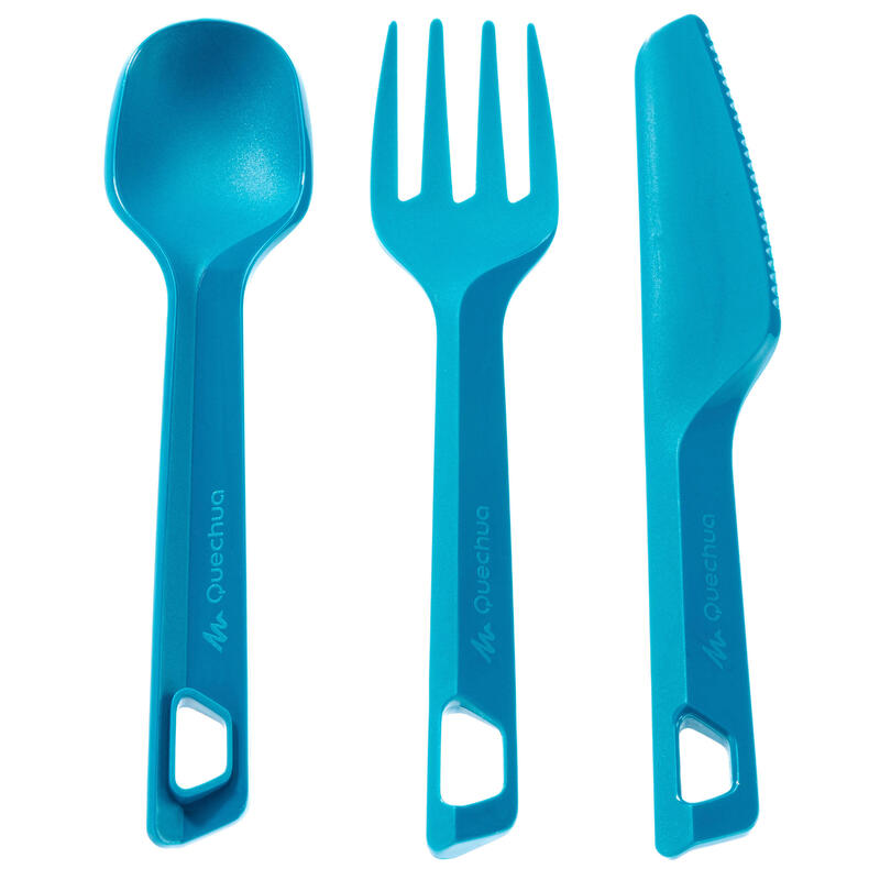 Set 3 posate (coltello, forchetta, cucchiaio) in plastica azzurro QUECHUA