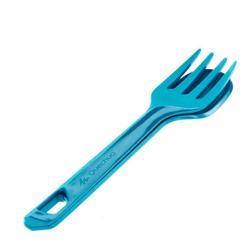 3-delig besteksetje (mes, vork, lepel) van blauw plastic om te kamperen