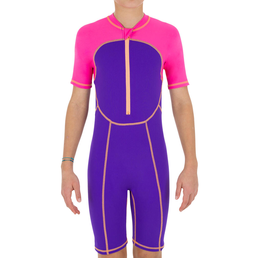 Schwimmanzug Shorty Kinder kurzer Brustreißverschluss -  violett/pink