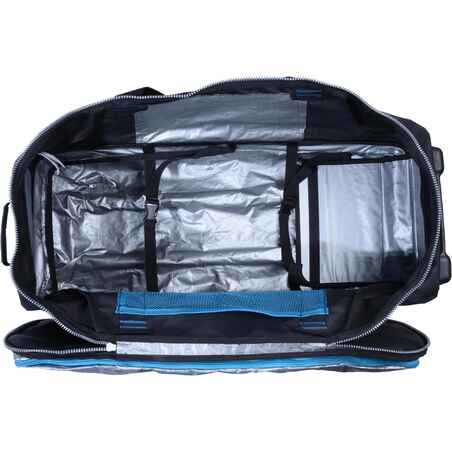 Scuba-diving travel bag 90 L with rigid shell and wheels - black/blue