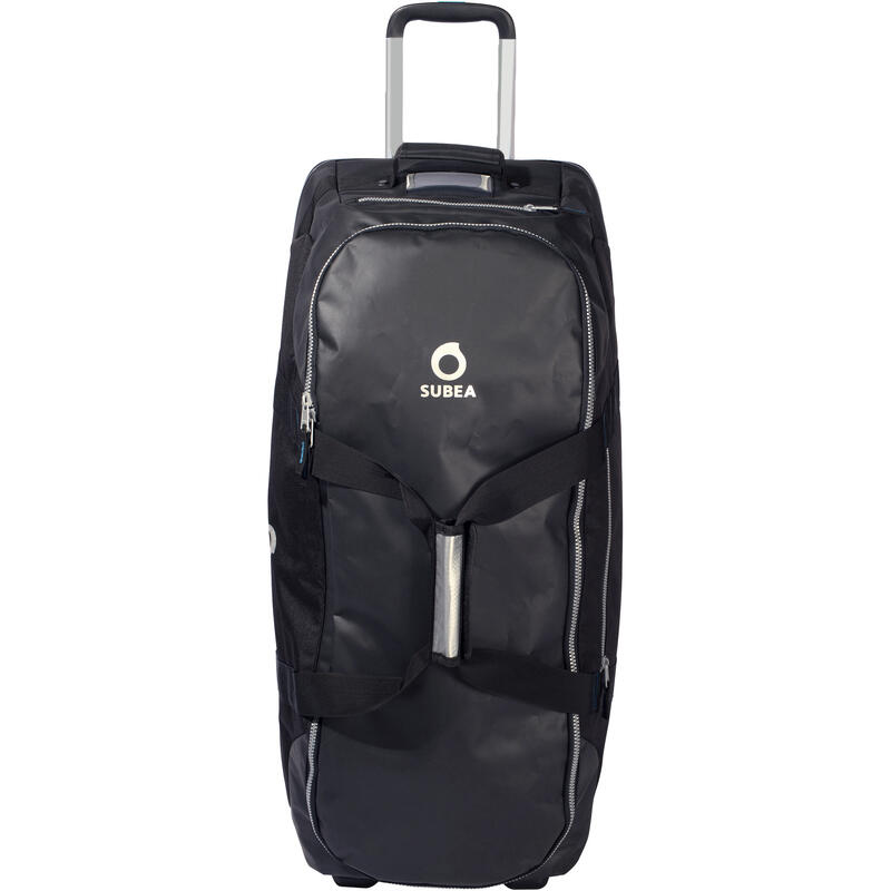 Scuba-diving travel bag 90 L with rigid shell and wheels - black/blue