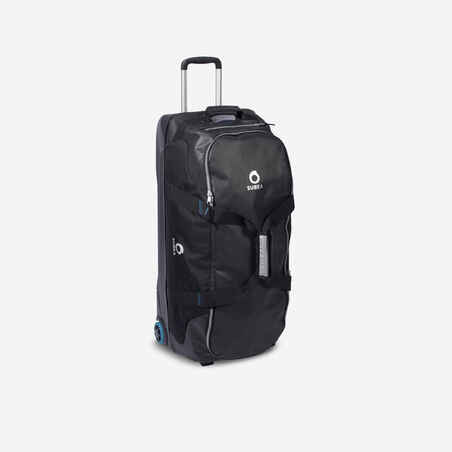 Scuba-diving travel bag 90 L with rigid shell and wheels - black/blue