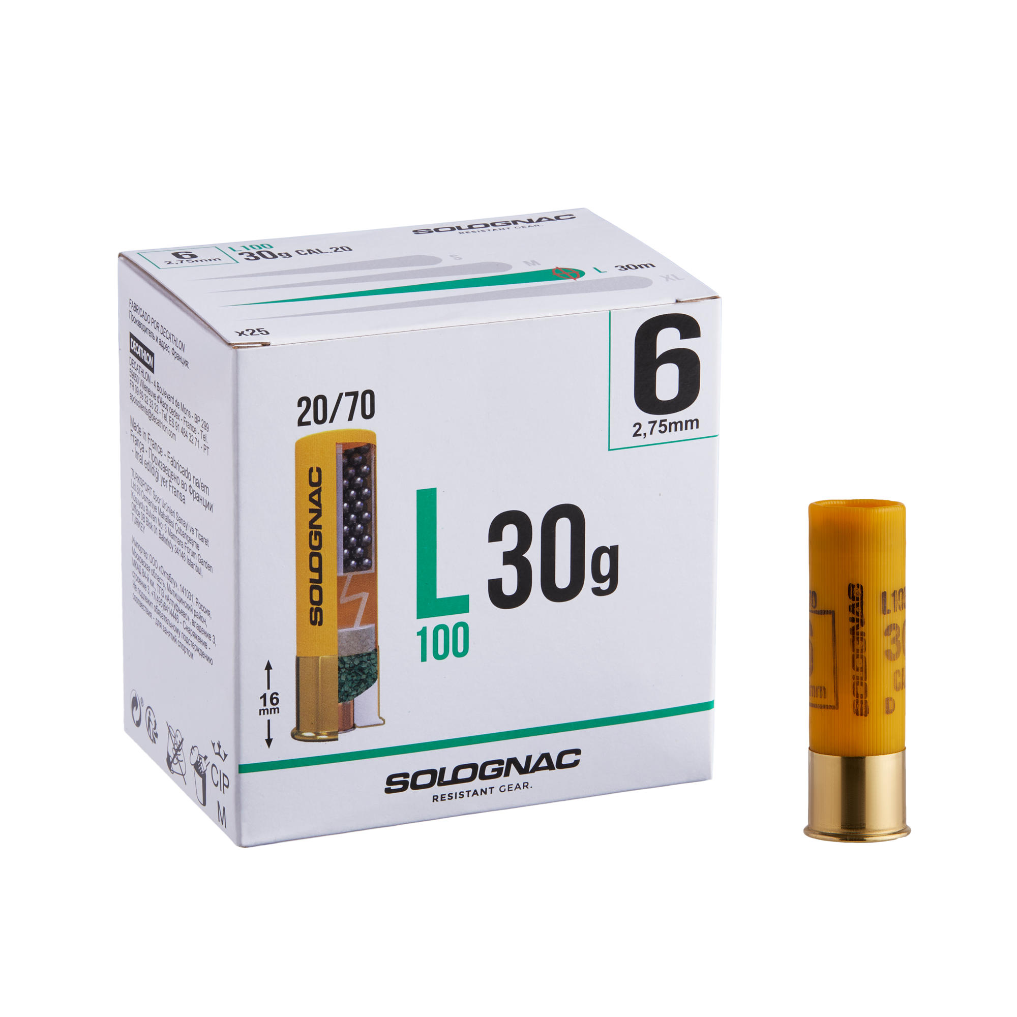 CARTOUCHE L100 30g CALIBRE 20/70 PLOMB N°6 X25 | Solognac