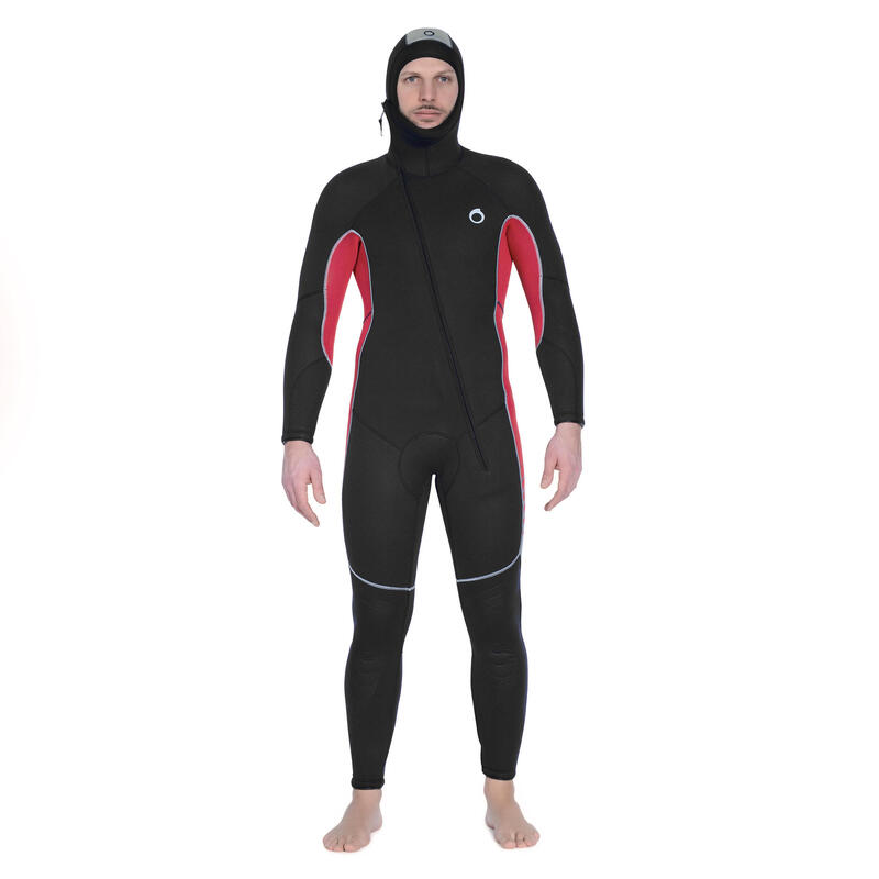 Men’s diving wetsuit with hood 7.5 mm neoprene - SCD 500 black and red