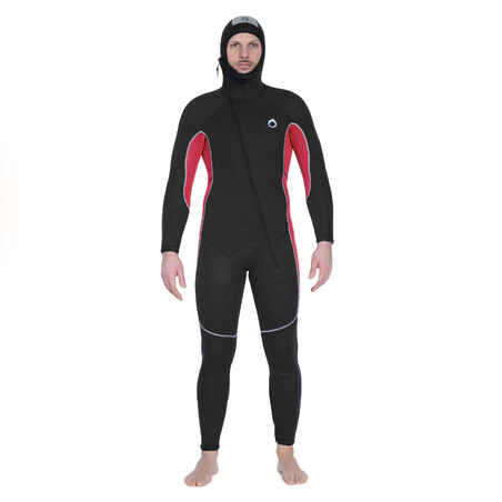 Men’s diving wetsuit with hood 7 mm neoprene SCD 500 black and red
