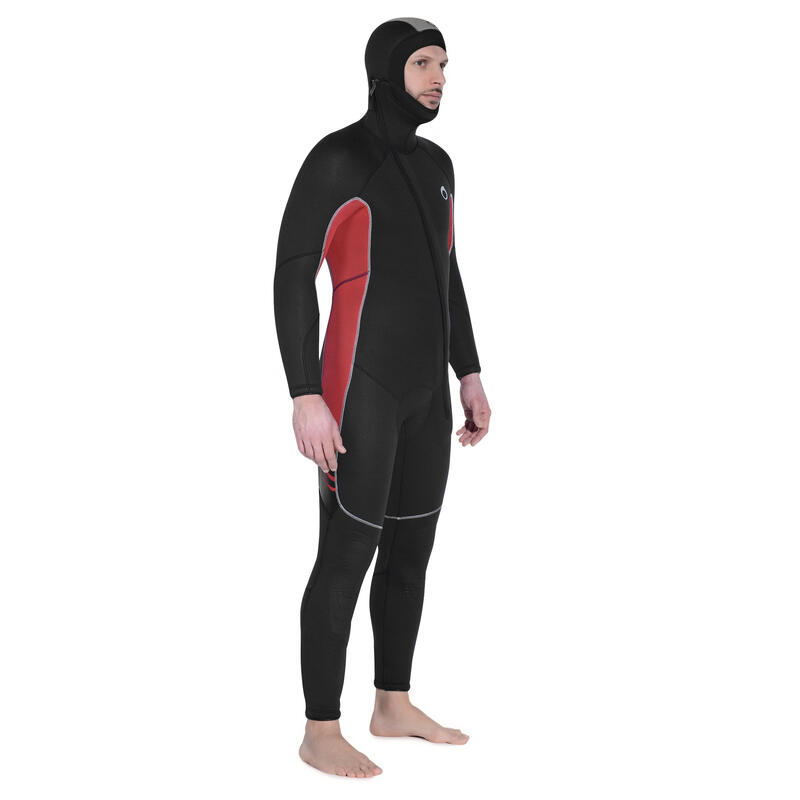 Herenwetsuit met kap voor diepzeeduiken SCD 500 neopreen 7,5 mm zwart/rood