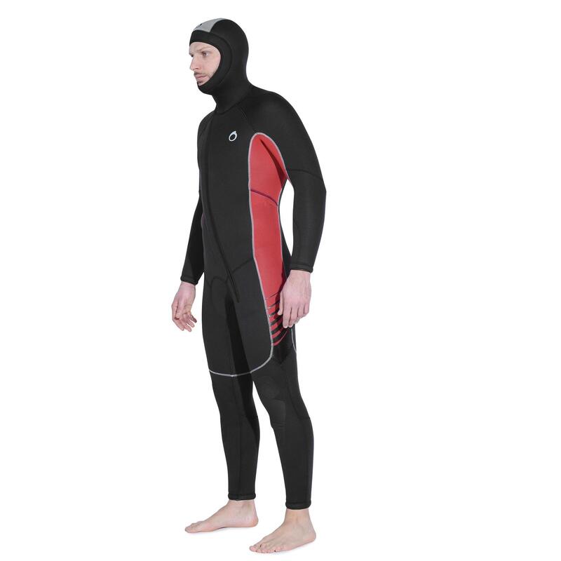 Muta subacquea uomo 500 neoprene 7,5 mm cappuccio nero-rosso