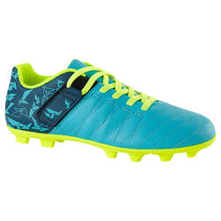 Chaussure de football enfant terrains secs CLR 500 FG à scratch bleue jaune fluo