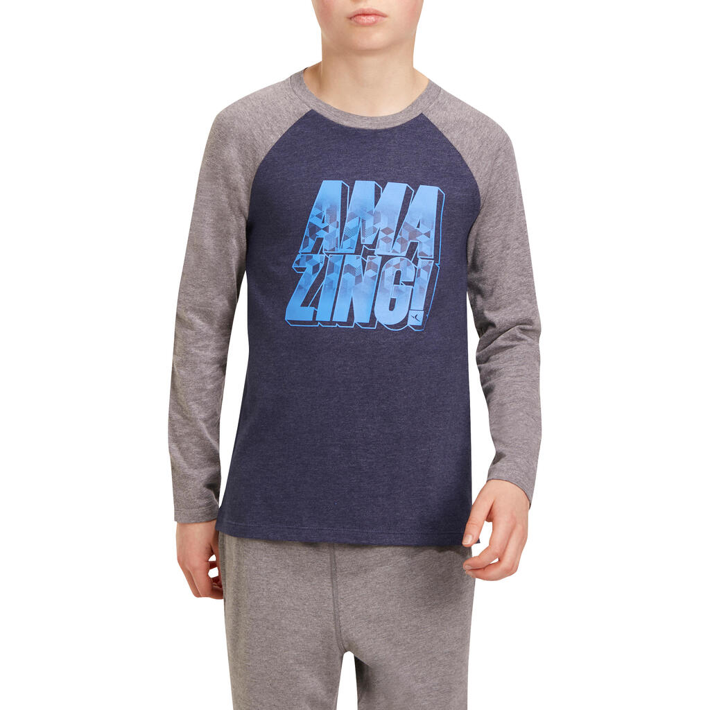 500 Boys' Long-Sleeved Gym T-Shirt - Navy Blue Print