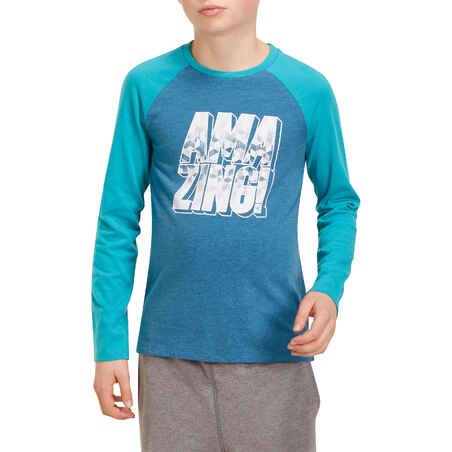 500 Boys' Long Sleeve Gym T-Shirt - Petrol Blue Print