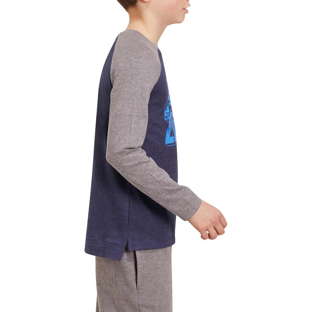 500 Boys' Long-Sleeved Gym T-Shirt - Navy Blue Print