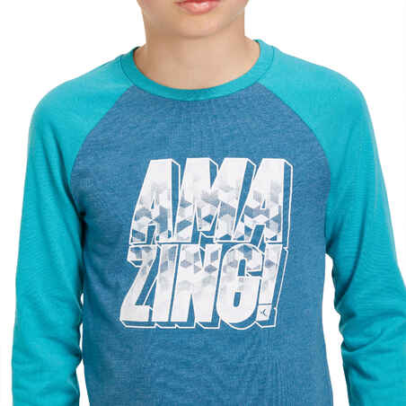 500 Boys' Long Sleeve Gym T-Shirt - Petrol Blue Print