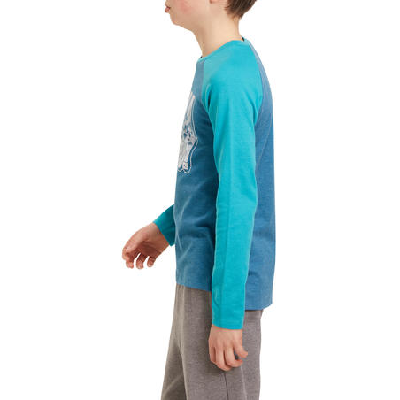 T-Shirt 500 manches longues Gym garçon imprimé bleu pétrole