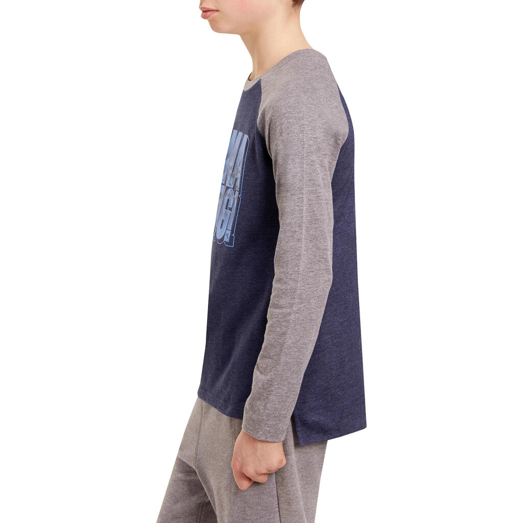 500 Boys' Long-Sleeved Gym T-Shirt - Navy Blue Print