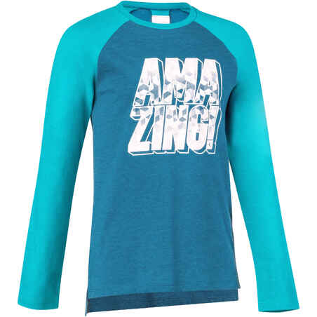 500 Boys' Long Sleeve Gym T-Shirt - Petrol Blue Print