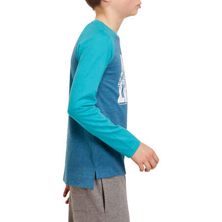 500 Boys' Long Sleeve Gym T-Shirt - Petrol Blue Print