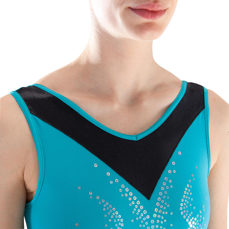 Maillot Gimnasia Artística Femenina Sin Mangas Domyos 500 Negro/Azul Lentejuelas