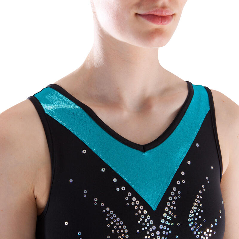 Maillot preto e turquesa sem mangas de Ginástica Artistica Feminina