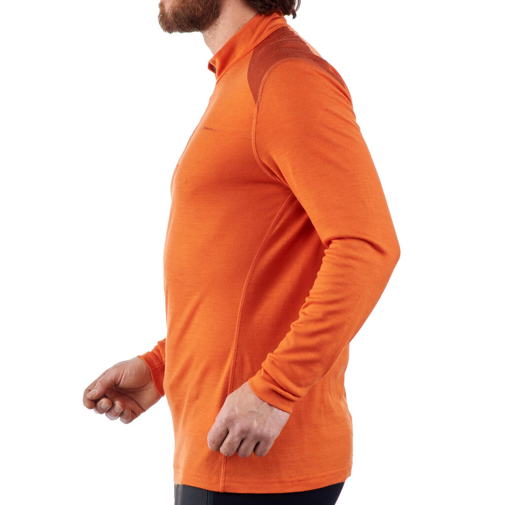 Men’s orange long sleeve mountain trekking T-Shirt TECHWOOL190 zip