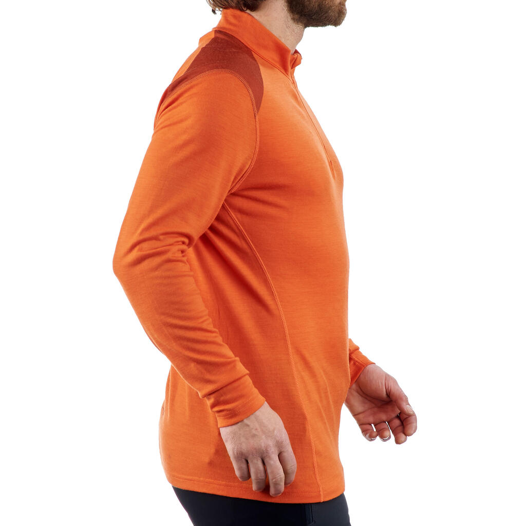 Men’s orange long sleeve mountain trekking T-Shirt TECHWOOL190 zip