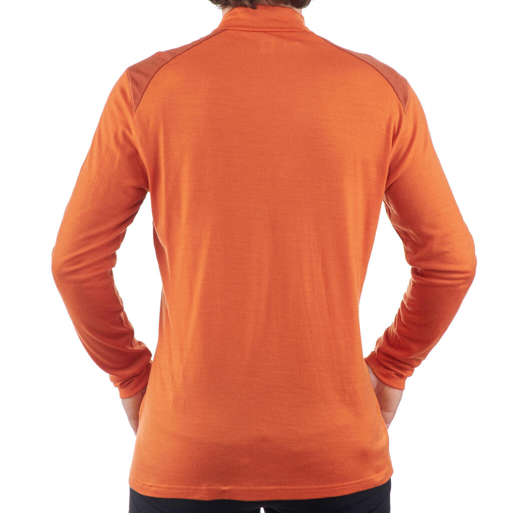 Men’s orange long sleeve mountain trekking T-Shirt TECHWOOL190 zip
