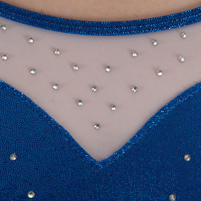 Maillot Manga Comprida Ginástica Feminina (GAF) Brilhantes/Strass/Tule Azul