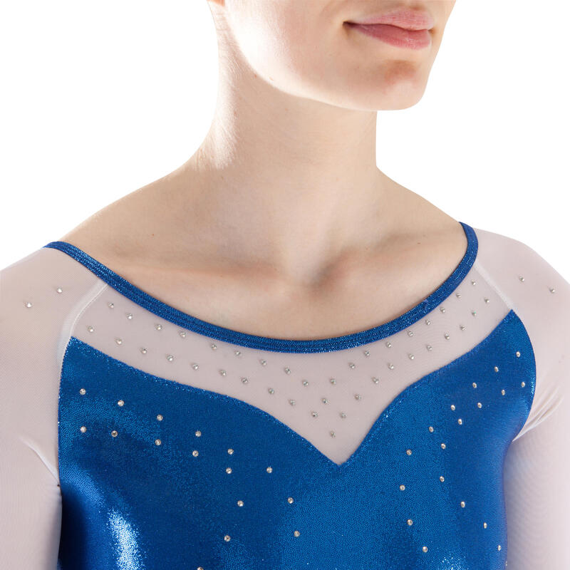 Maillot de manga larga gimnasia femenina (GAF) lentejuelas/estrás/gasa azul