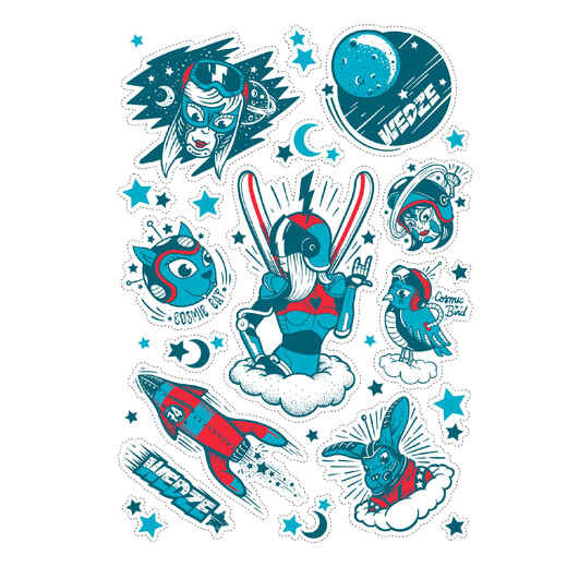 
      Ski and snowboard helmet stickers blue/red.
  