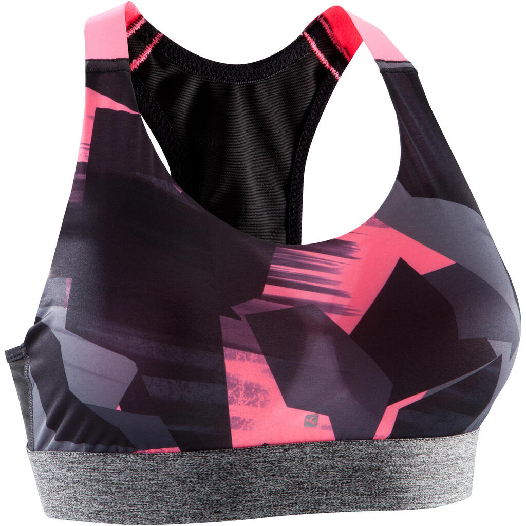 Sport-Bustier 500 Fitness-/Cardiotraining Damen Print schwarz/weiß