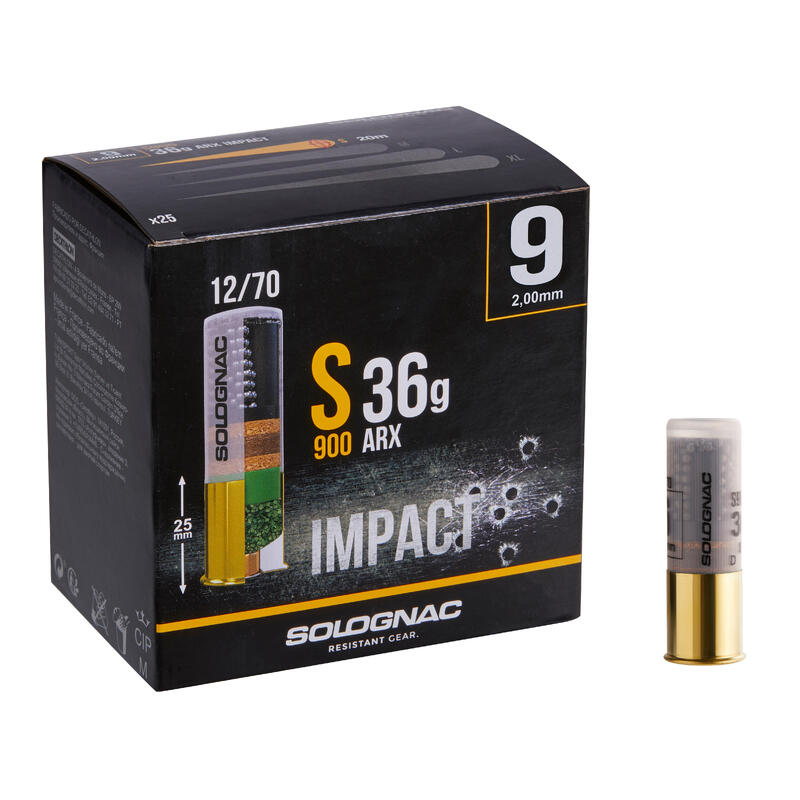 CARTUCHO caza solognac S900 36 g IMPACT ARX CALIBRE 12/70 PERDIGÓN N°9 X25