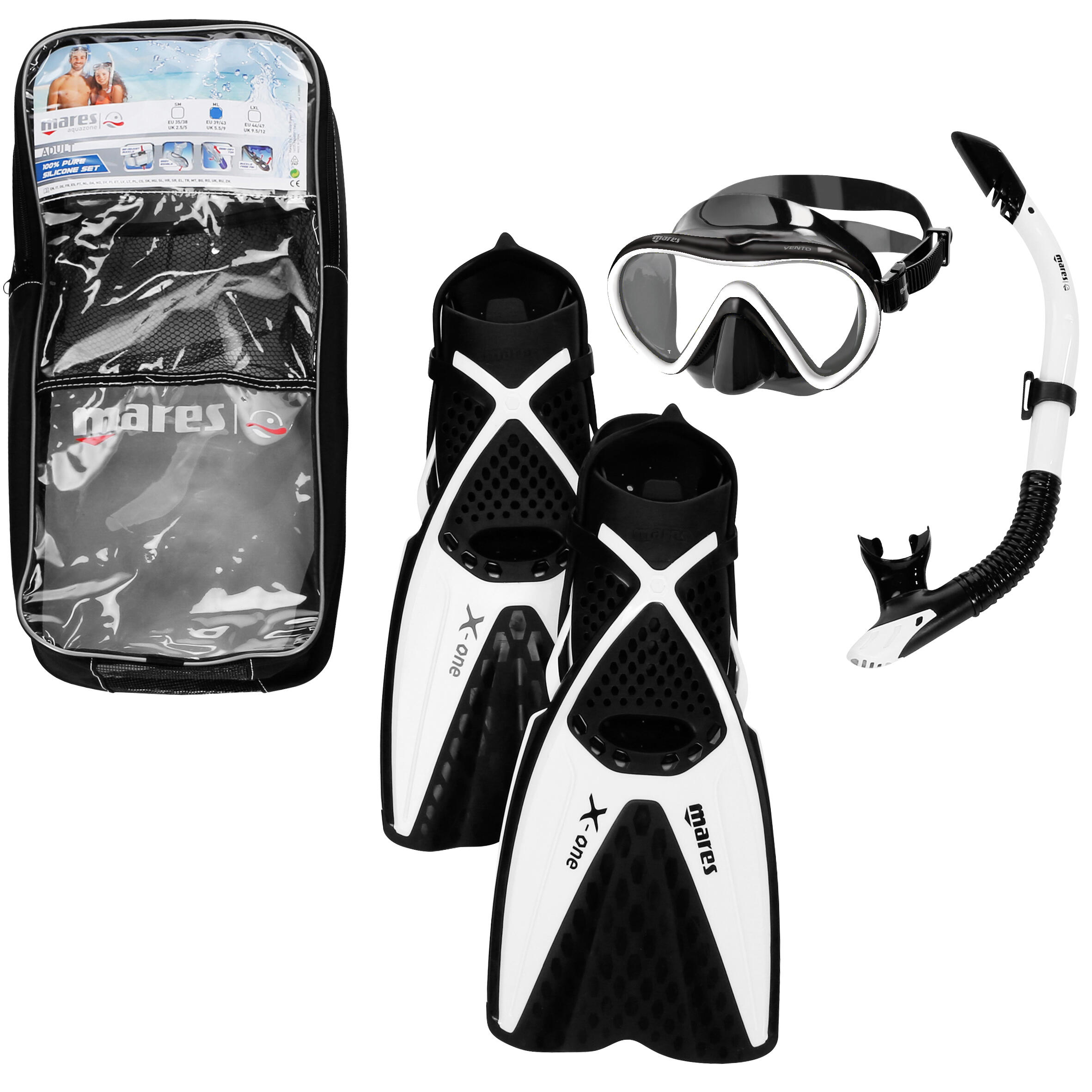Adults' freediving fins mask snorkel kit X One - black white 1/2