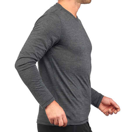 Men’s Long-Sleeved WOOL T-Shirt TRAVEL 500 - Grey