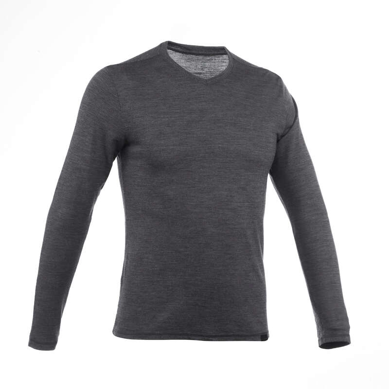 MEN APPAREL OUTFIT TRAVEL TREK Trekking - Techwool 155 Men's Merino Wool Base Layer - Dark Grey, Long Sleeve FORCLAZ - Trekking