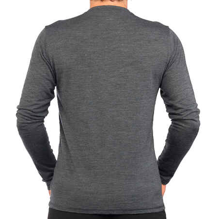 Men’s Long-Sleeved WOOL T-Shirt TRAVEL 500 - Grey