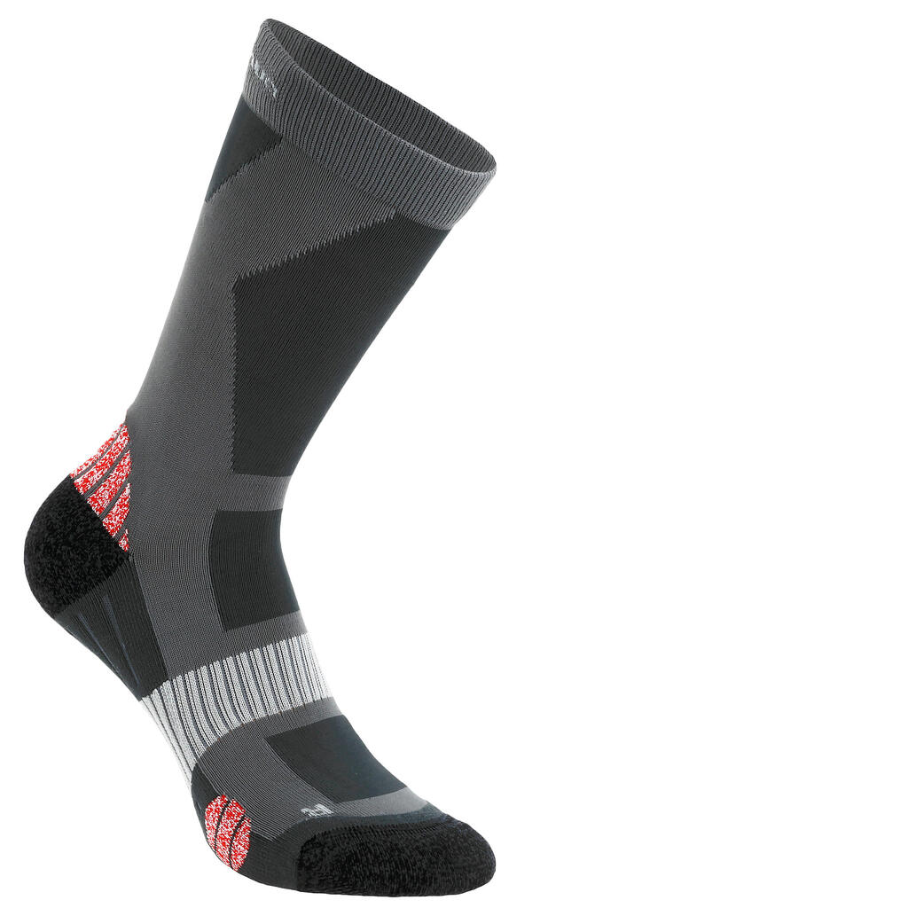 2 pairs of forclaz 500 adult high-top hiking socks - grey and red