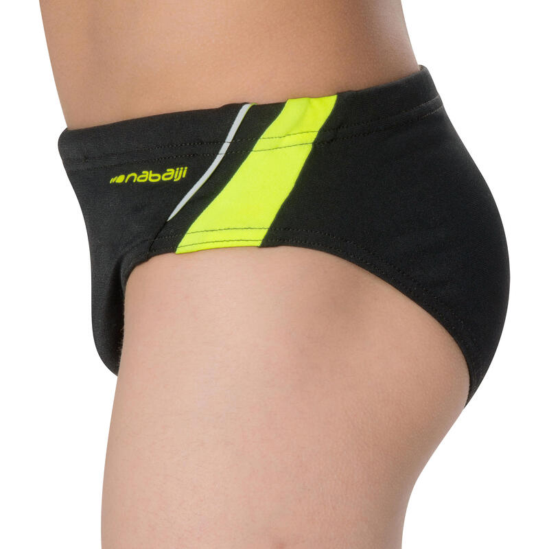 MAILLOT DE BAIN SLIP NATATION GARçON 900 YOKE NOIR JAUNE